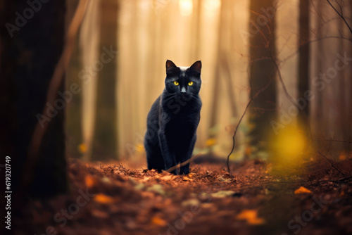 Mysterious autumn forest and black cat, Generative AI