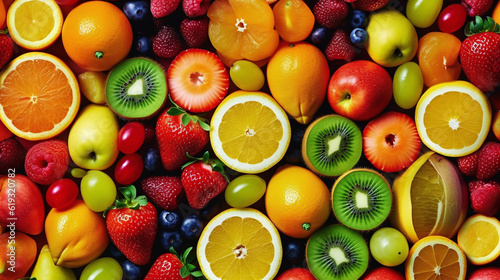 Background of fresh fruits arranged together representing concept of health diet. Top view. Generative Ai © rorozoa