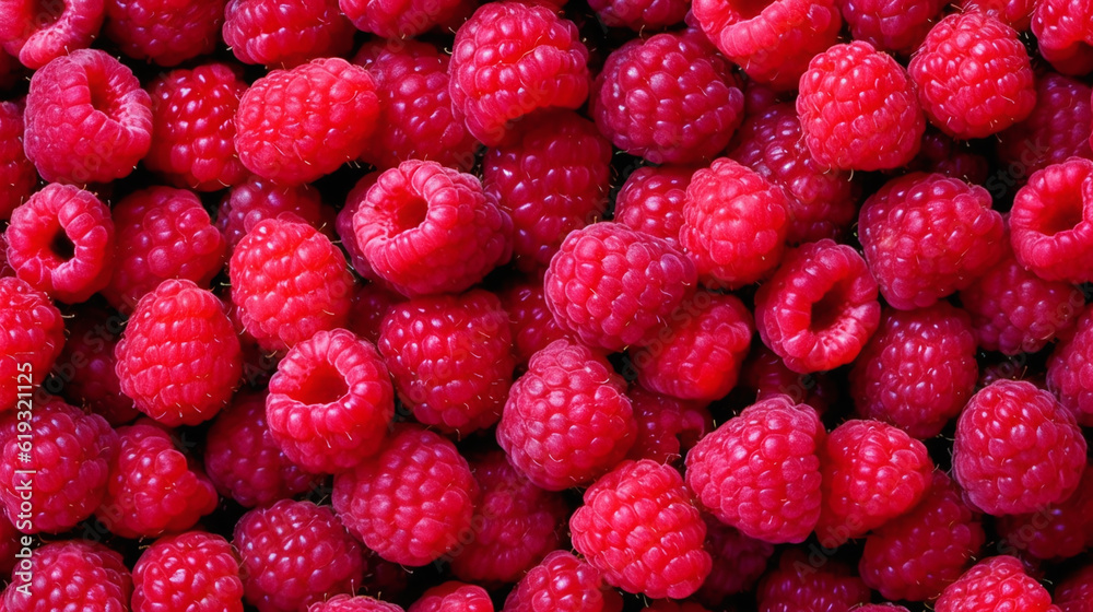 Background of fresh red raspberry arranged together representing concept of health diet. Top view. Generative Ai Background of fresh red raspberry arranged together representing concept of health diet. Top view. Generative Ai