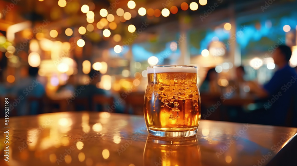 Bokeh background of Street Bar beer restaurant, outdoor in asia, People sit chill out and hang out dinner and listen to music together in Avenue, Happy life ,work hard play hard. Generative Ai