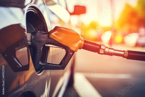 Car refueling with fuel at the refuel gasstation station. Close-up. Selective focus. Generative Ai. © Kowit