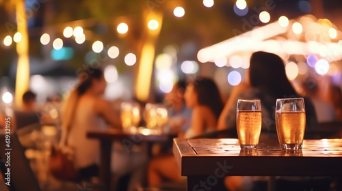 Bokeh background of Street Bar beer restaurant, outdoor in asia, People sit chill out and hang out dinner and listen to music together in Avenue, Happy life ,work hard play hard. Generative Ai