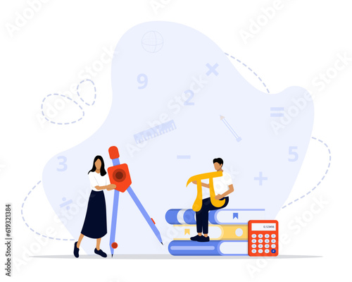 Mathematics Vector Illustration Concept Showing a teacher giving math lesson to a student, Suitable for landing page, ui, web, App intro card, editorial, flyer, and banner.