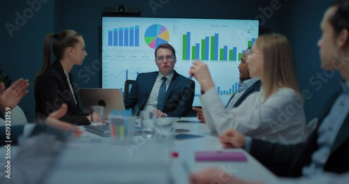 multiethnic business team in conference room of big corporate, teamwork and brainstorming, 4K Prores
