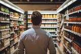 man customer shopping for juice at supermarket or grocery store discount price on healthy fruit brand products. Non-existent person. Generative Ai