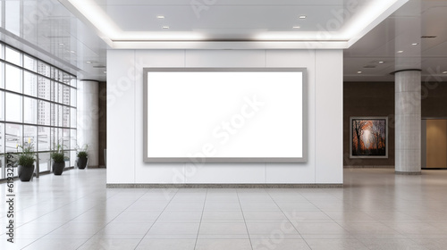Empty advertising billboard frame on wall in office lobby copy space for mock up design template. generative ai.