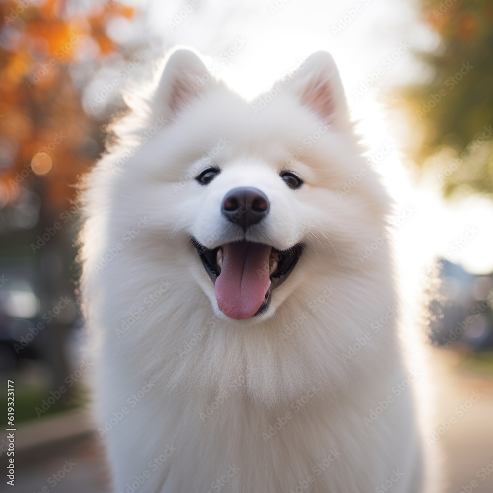 White Samoyed dog portrait. The Samoyed dog makes a variety of naughty and lovely, happy and sad expressions. Generative Ai. White Samoyed dog portrait. The Samoyed dog makes a variety of naughty and lovely, happy and sad expressions. Generative Ai.
