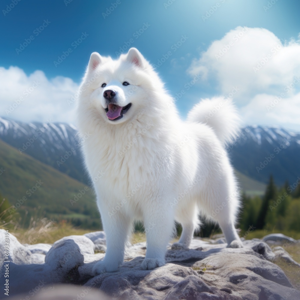 Obraz premium White Samoyed dog portrait. The Samoyed dog makes a variety of naughty and lovely, happy and sad expressions. Generative Ai.