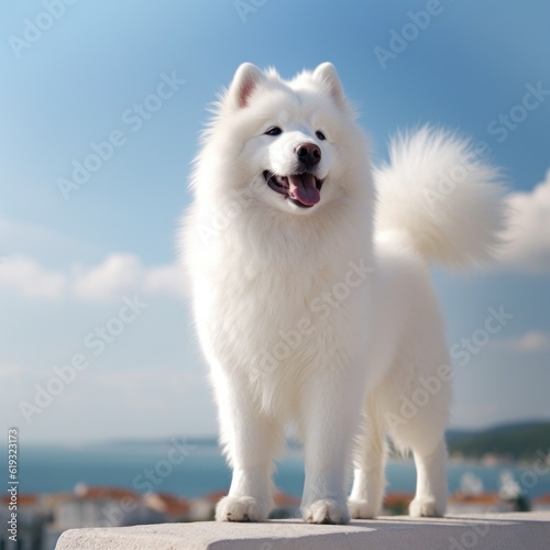 White Samoyed dog portrait. The Samoyed dog makes a variety of naughty and lovely, happy and sad expressions. Generative Ai.