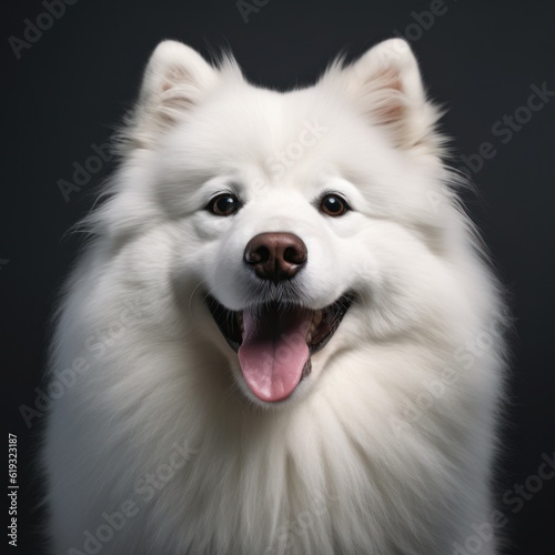 White Samoyed dog portrait. The Samoyed dog makes a variety of naughty and lovely, happy and sad expressions. Generative Ai.