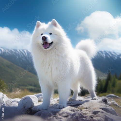 White Samoyed dog portrait. The Samoyed dog makes a variety of naughty and lovely  happy and sad expressions. Generative Ai.