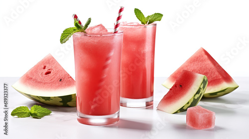 Fresh summer mocktail watermelon juice with ice in a two glass and glass straw on white background. Layout for wide banner with space for text. Generative Ai