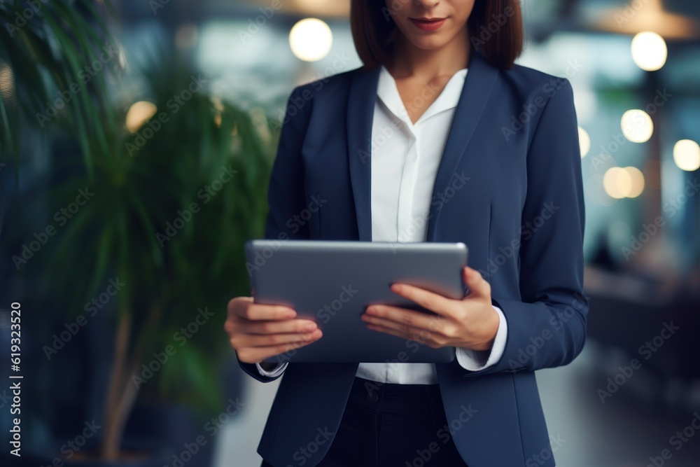 Close-up shot of a confident businesswoman delivering a compelling corporate presentation using a tablet. The focus is on her hands and the tablet screen. Non-existent person. Generative Ai Close-up shot of a confident businesswoman delivering a compelling corporate presentation using a tablet. The focus is on her hands and the tablet screen. Non-existent person. Generative Ai