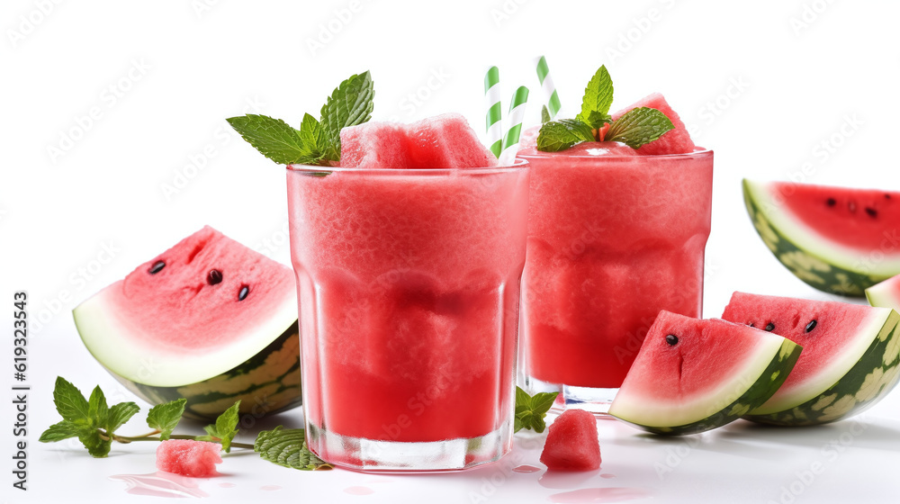 Fresh summer mocktail watermelon juice with ice in a two glass and glass straw on white background. Layout for wide banner with space for text. Generative Ai Fresh summer mocktail watermelon juice with ice in a two glass and glass straw on white background. Layout for wide banner with space for text. Generative Ai