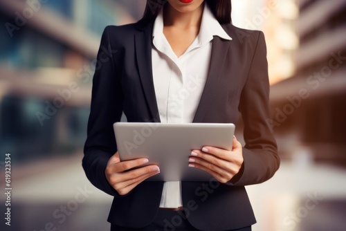Close-up shot of a confident businesswoman delivering a compelling corporate presentation using a tablet. The focus is on her hands and the tablet screen. Non-existent person. Generative Ai