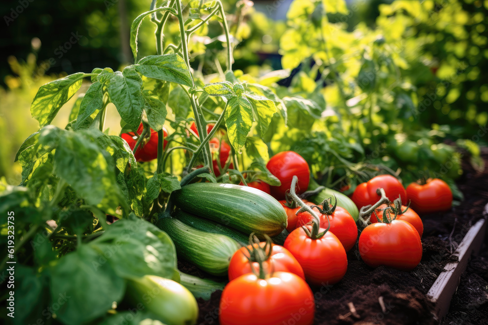 A vegetable garden with ripe tomatoes, cucumbers, and other fresh produce A vegetable garden with ripe tomatoes, cucumbers, and other fresh produce