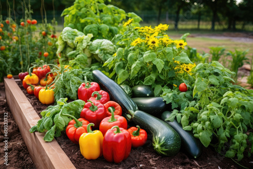 A vegetable garden with ripe tomatoes, cucumbers, and other fresh produce 