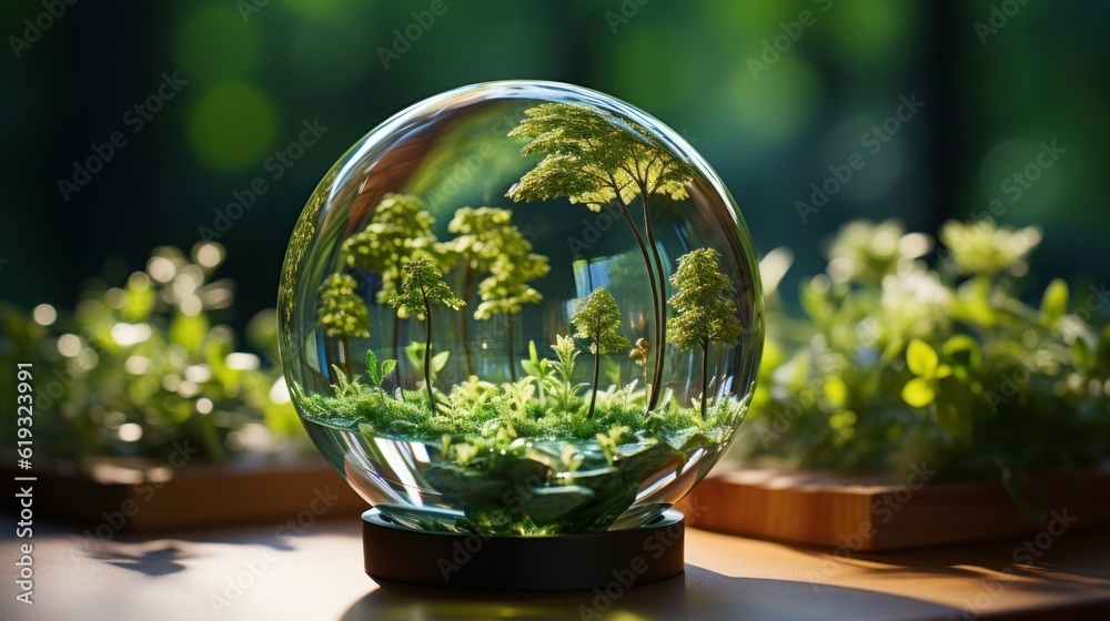 Globe planet glass In a green forest with bokeh nature lights. world environment day. the concep for environment conservation, protect ecology earth and eco-friendly environmental life. Generative Ai.