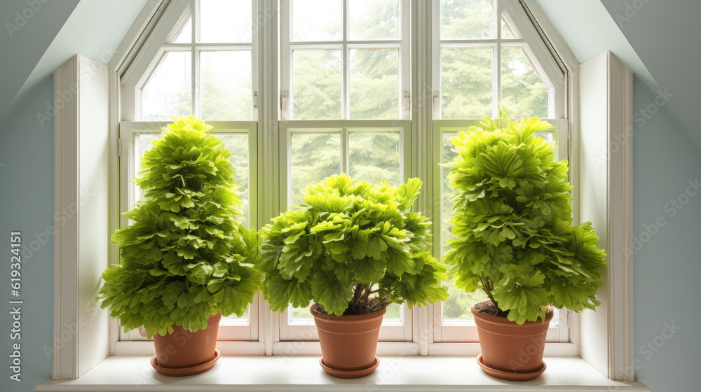 A group of pots of plants on a windowsill A group of pots of plants on a windowsill