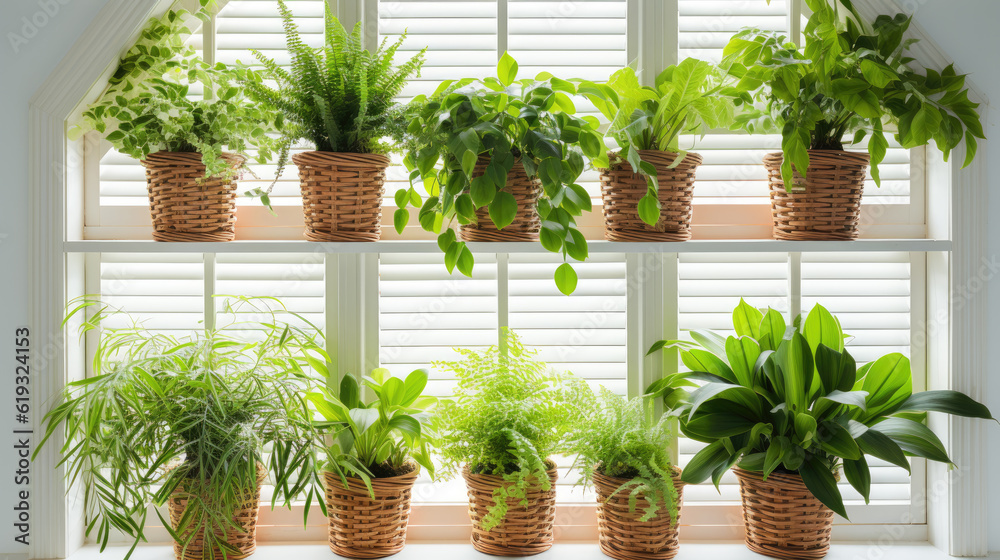 A group of pots of plants on a windowsill