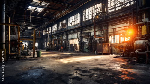 Abandoned ruined industrial building room inside interior. Generative Ai