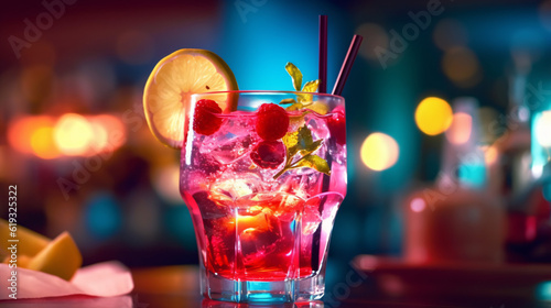 Pink and red Fresh colorful exotic alcoholic cocktail with lemon and ice. Colorful pink Soft drink with ice on the bar desk. Red colorful Mojito. Generative Ai