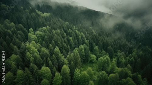 Aerial view of green coniferous forest in foggy morning