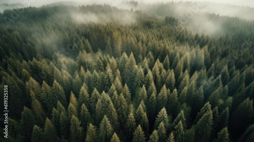 Aerial view of foggy forest. Top view of foggy coniferous forest.