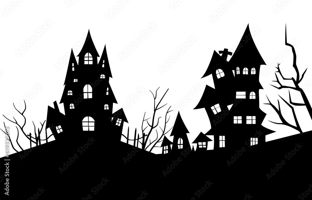 Houses and trees on white background of black silhouettes style. Haunted houses or spooky village for background, banner and header. Vector illustration for halloween concept.