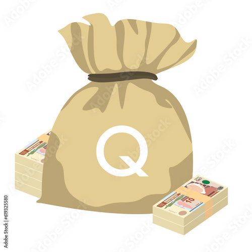 Guatemalan Quetzal Vector Illustration. Guatemala money set bundle banknotes. Money bag 100 GTQ. Flat style. Isolated on white background. Simple minimal design.