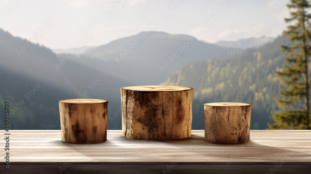 Rustic wood pieces podium. Background for perfume, jewellery and cosmetic products. Front view. Generative Ai Rustic wood pieces podium. Background for perfume, jewellery and cosmetic products. Front view. Generative Ai