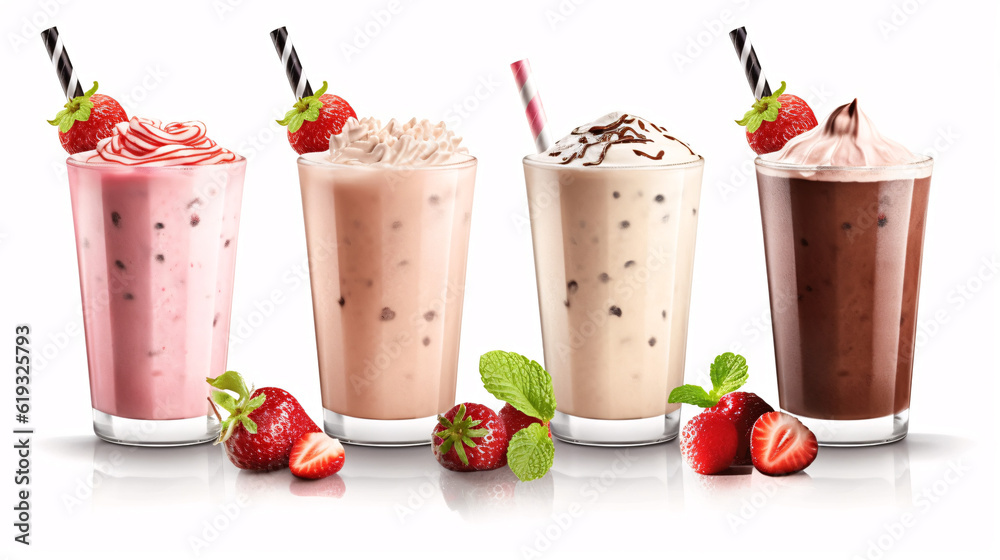 Set of fresh various delicious milkshakes or smoothies, top vies, isolated on white background. Strawberry, vanilla and chocolate flavor. Generative Ai