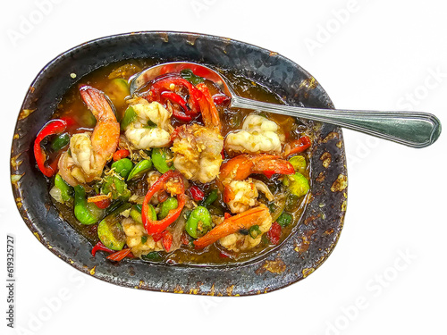 Isolated Stir-fried Stink Bean and Prawn on white background. photo