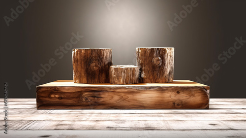 Rustic wood pieces podium. Background for perfume, jewellery and cosmetic products. Front view. Generative Ai