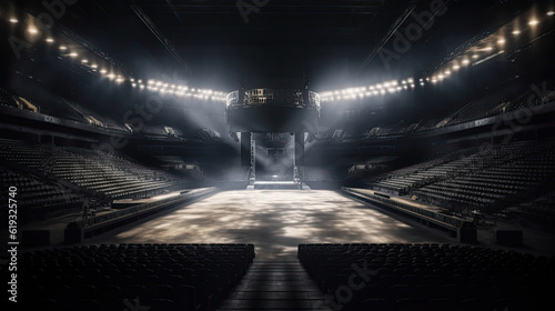 empty stage with floodlights, seats and spotlights.
