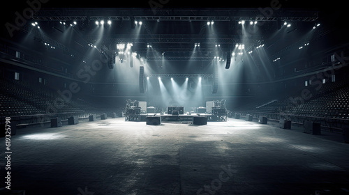 Empty stage with spotlights, smoke and spotlights in a dark room