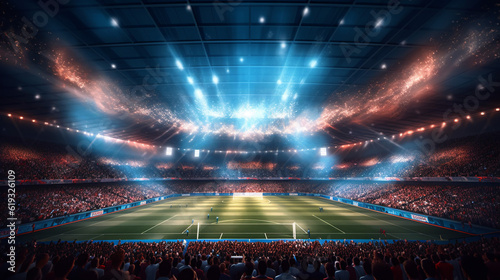 stadium in lights and flashes 3d rendering. Generative Ai © rorozoa