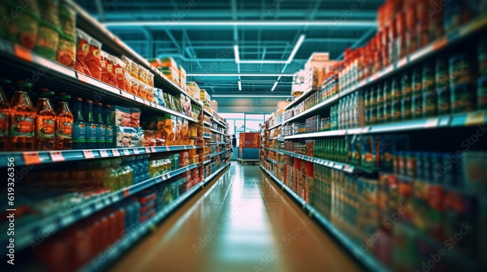 Abstract blurred supermarket shopping mall for background. Generative Ai