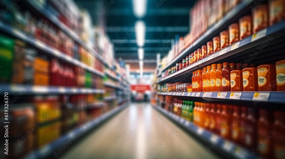 Abstract blurred supermarket shopping mall for background. Generative Ai
