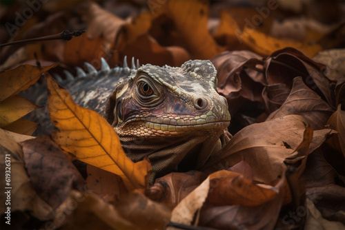 Generative AI. an iguana hiding in a pile of dry leaves