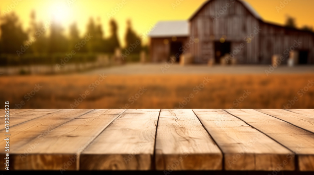 The empty wooden brown table top with blur background of farm and barn. Exuberant image. Generative Ai The empty wooden brown table top with blur background of farm and barn. Exuberant image. Generative Ai