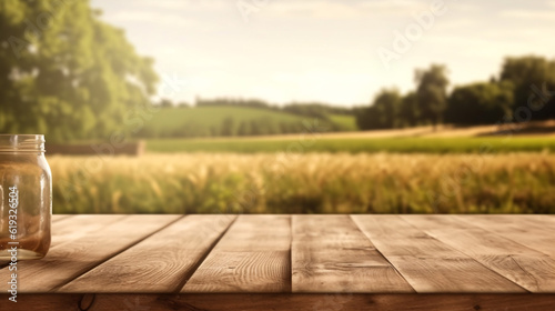 The empty wooden brown table top with blur background of farm and barn. Exuberant image. Generative Ai