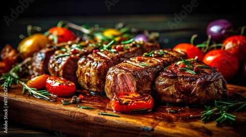 Succulent thick juicy portions of grilled fillet steak served with tomatoes and roast vegetables on an old wooden board. Generative AI