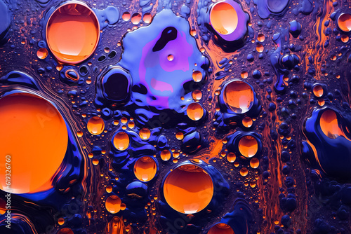 illustrated digital drawing and painting abstract of Orange yellow, dark blue and dark purple bubble oil. Full frame of multi size oil droplet. Generative AI.