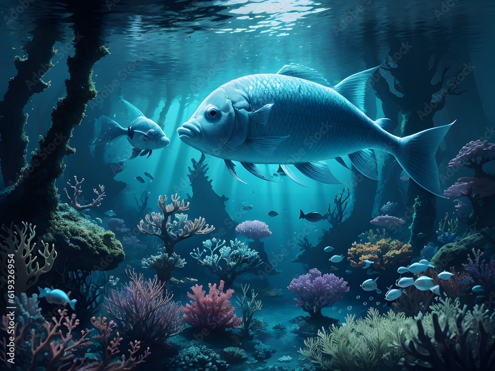 Underwater coral reef landscape wide 2to1 panorama background - AI generated Underwater coral reef landscape wide 2to1 panorama background - AI generated
