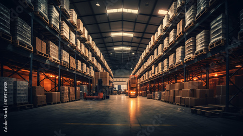 Typical storage, warehouse interior. Selective focus. Toned collage. Wide panoramic image. Industrial background. Generative Ai