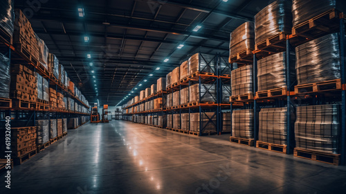 Typical storage, warehouse interior. Selective focus. Toned collage. Wide panoramic image. Industrial background. Generative Ai © rorozoa