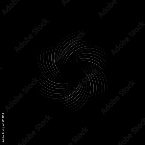 Lines spiral to the center, Vector logo element, Camera shutter design, Futuristic geometric shape on black.
