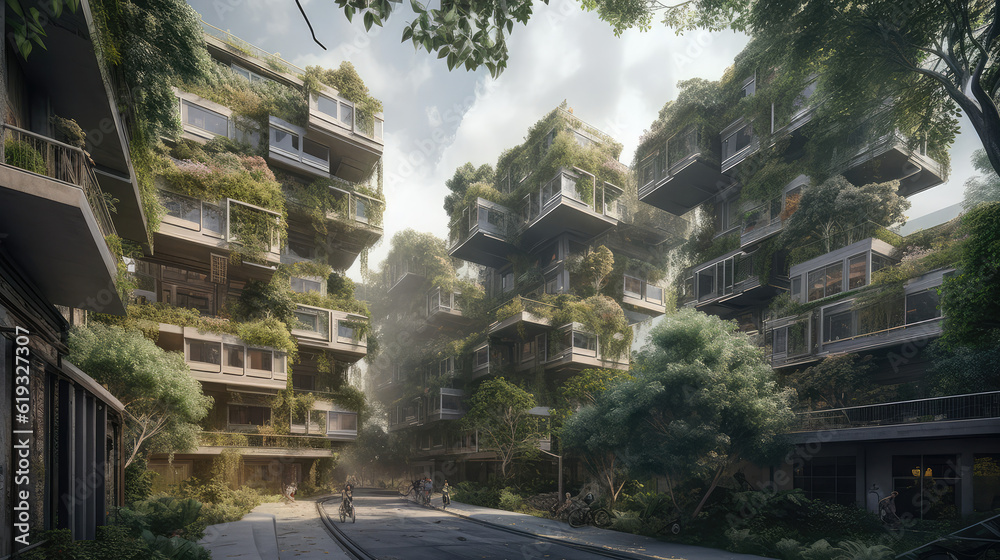 Sustainable urban design featuring eco-friendly elements, generative AI
