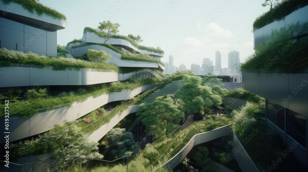 Sustainable urban design featuring eco-friendly elements, generative AI